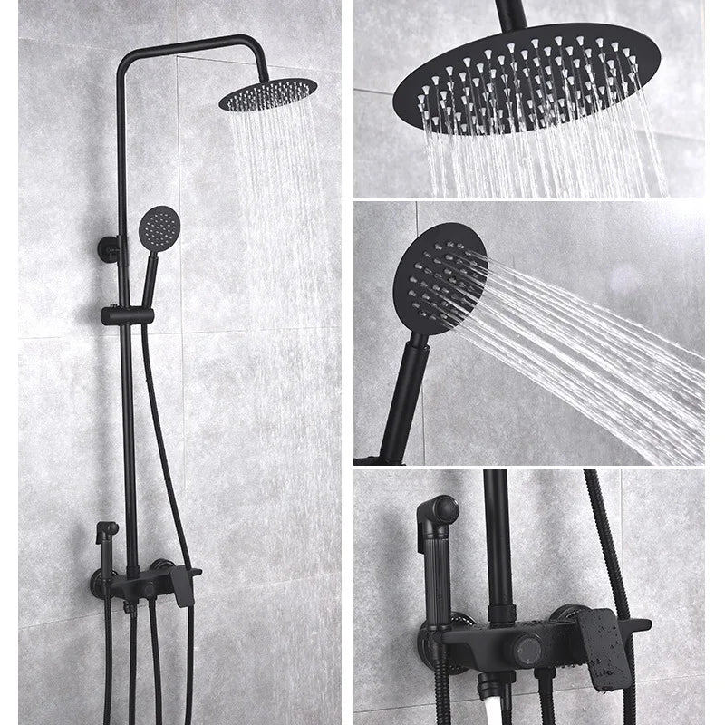 Afralia™ Black Brass Shower Set with Tub Faucet - Rainfall Bath Mixer for Bathtub