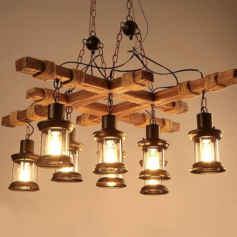 Afralia™ Vintage Wood Chandelier: 8-Head Retro Industrial Glass Pendant Iron Lamp for Cafe, Bar, and Store