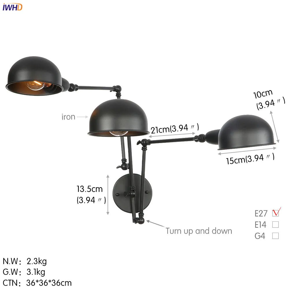 Afralia™ Loft Antique Edison 3-Head Black Wall Sconce Swing Arm Light