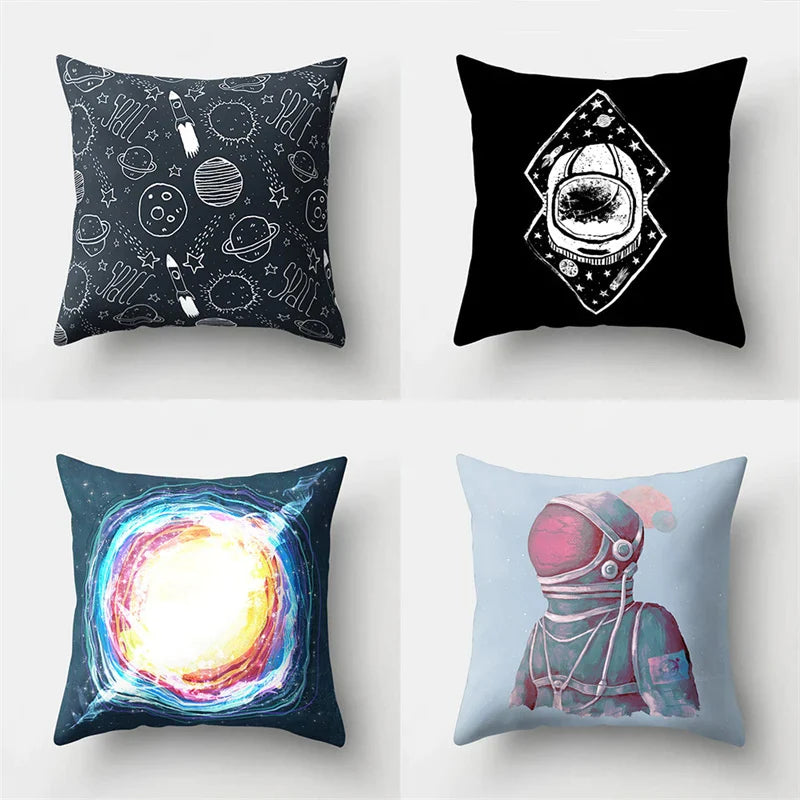 Afralia™ Cartoon Planet Astronaut Moon Rocket Pillow Case 45x45cm Square Cushion Cover