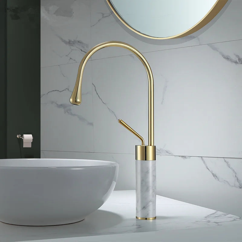 Afralia™ Brushed Gold Brass & Marble Bathroom Sink Faucet