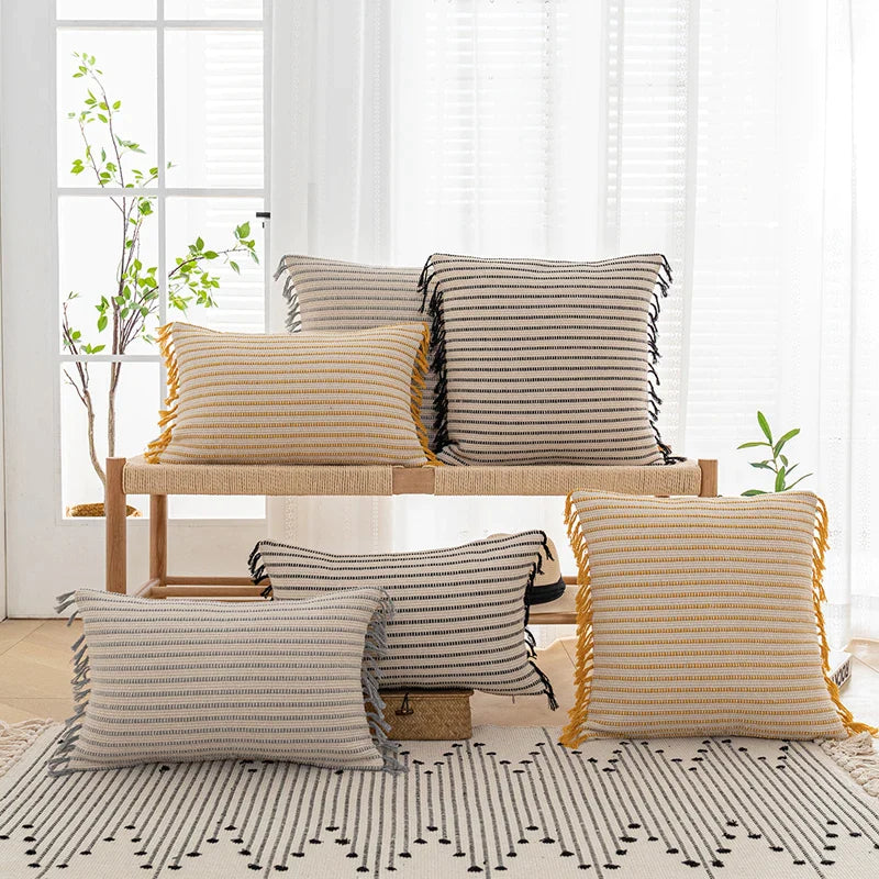 Afralia™ Stripe Tassels Cushion Cover in Yellow Grey Black for Home Sofa Bed 45x45cm