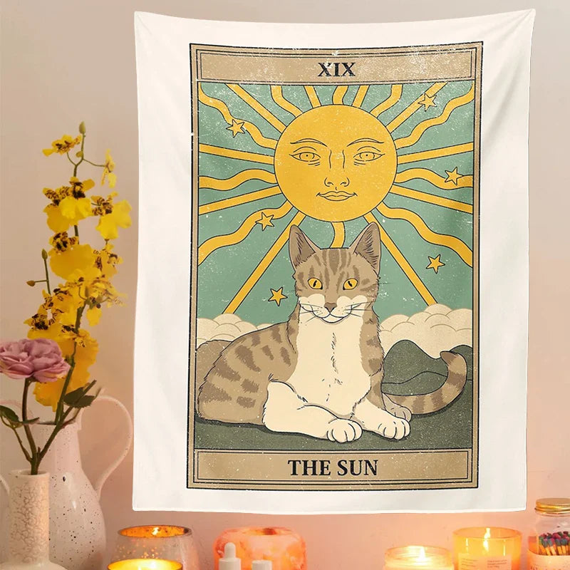 Afralia™ Cat Divination Tarot Card Tapestry Moon Phase Wall Hanging Décor