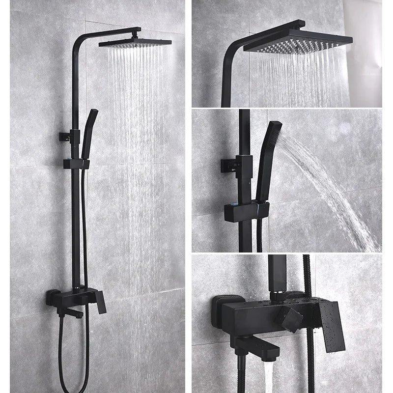 Afralia™ Black Brass Shower Set with Tub Faucet - Rainfall Bath Mixer for Bathtub