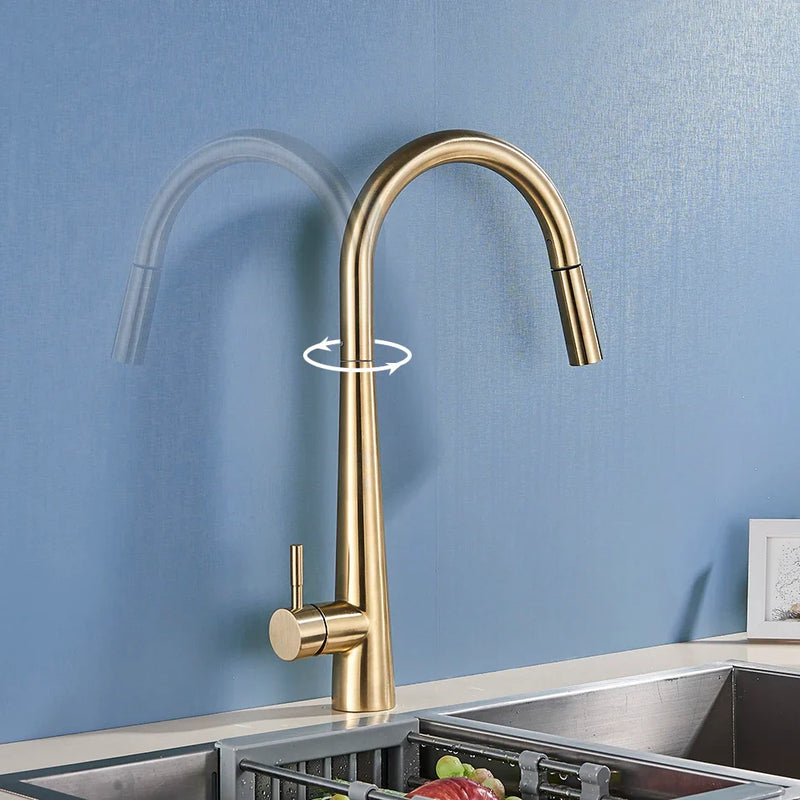 Afralia™ Gold Swivel Kitchen Faucet with Pull Down Sprayer