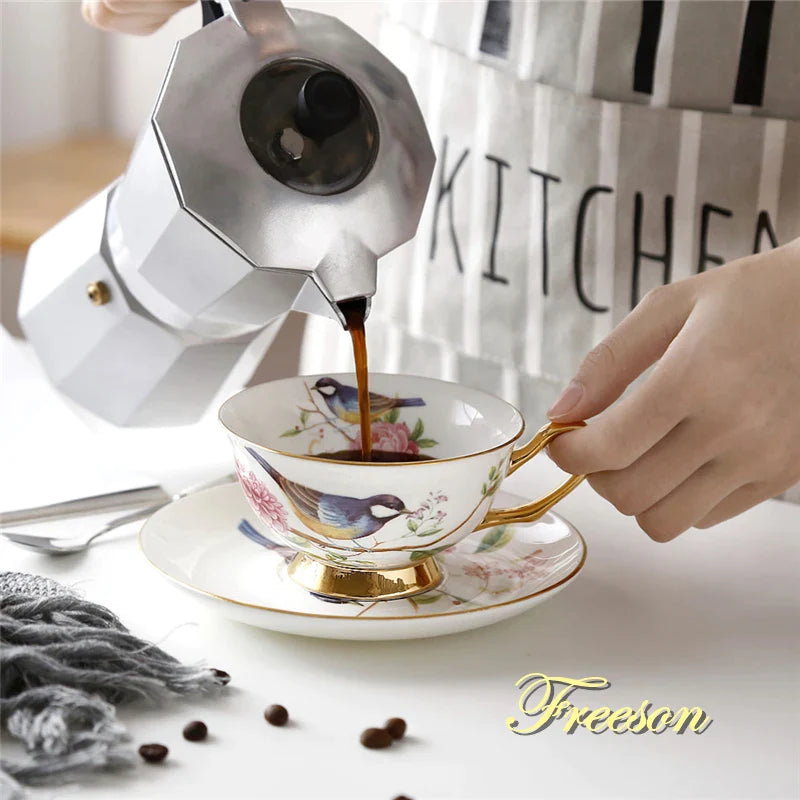 Afralia™ Pastoral Bird Bone China Tea Cup Set 200ml British Cafe Porcelain Coffee Cup