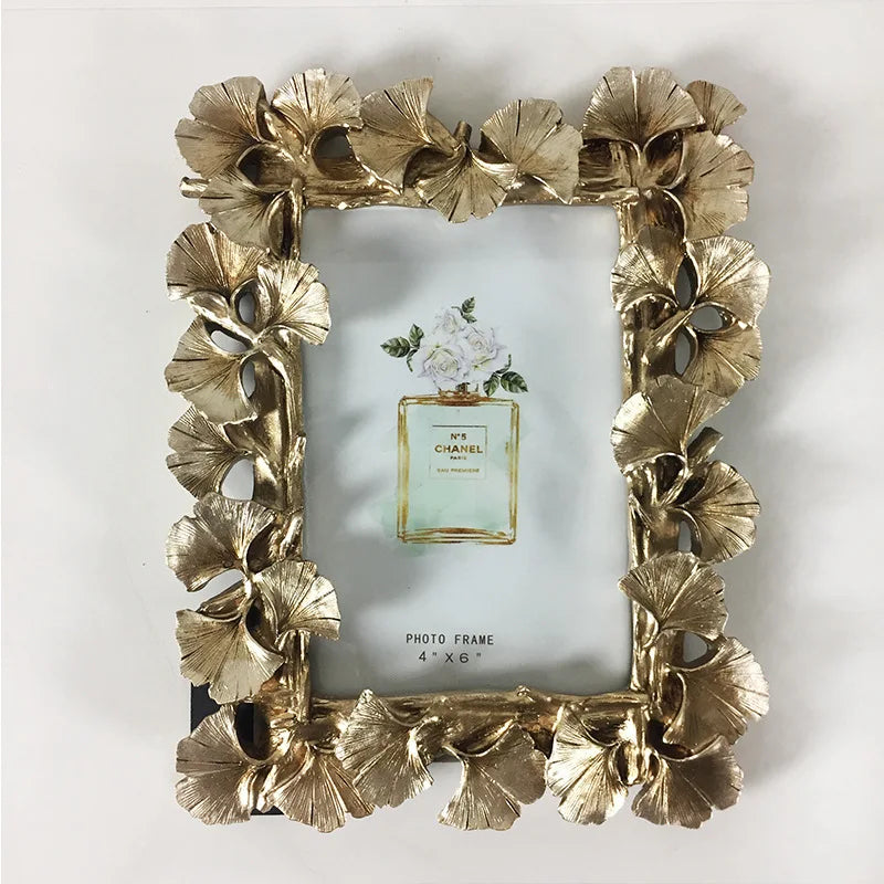 Afralia™ Golden Ginkgo Leaf Resin Photo Frame Vintage Retro Wedding Home Decor