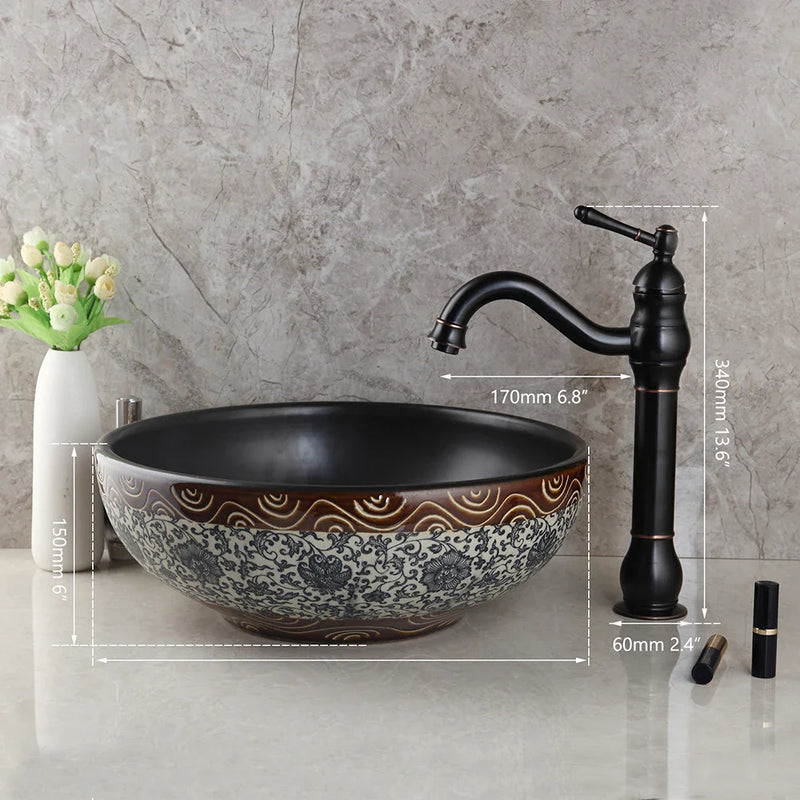 Afralia™ Black Ceramics Sink with Hand-Painted Waterfall Design and Brass Faucet