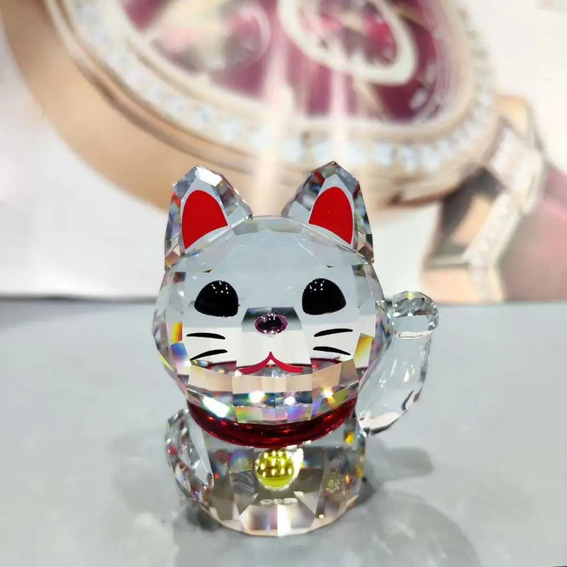 Afralia™ Crystal Lucky Cat Glass Figurine - Fengshui Home Decor & Paperweight