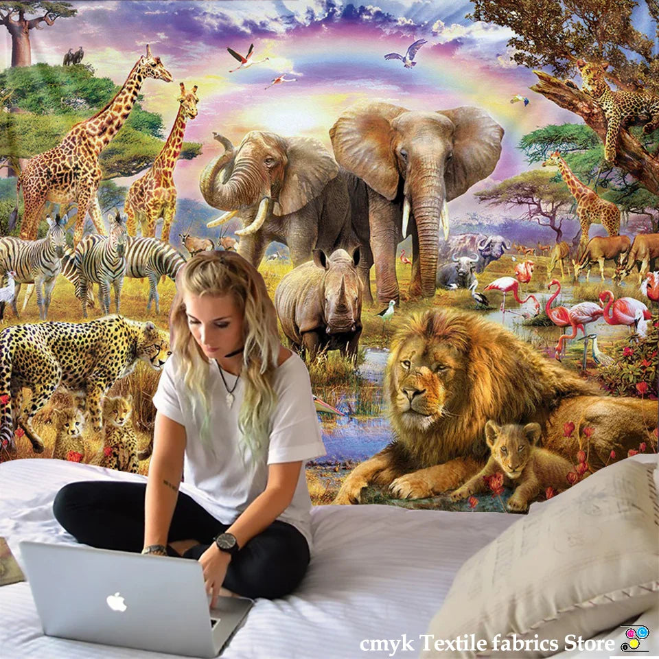 Afralia™ Lion Tapestry African Grassland Animals Cartoon Wall Hanging Blanket