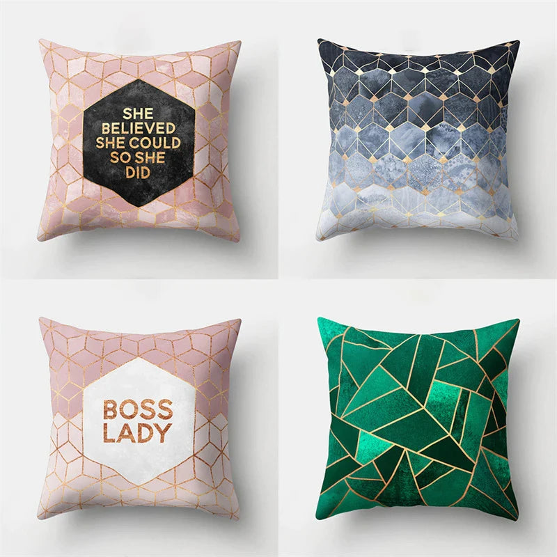 Pink Geometric Marble Pillowcase with Golden Line. Afralia™ Modern Home Decor.