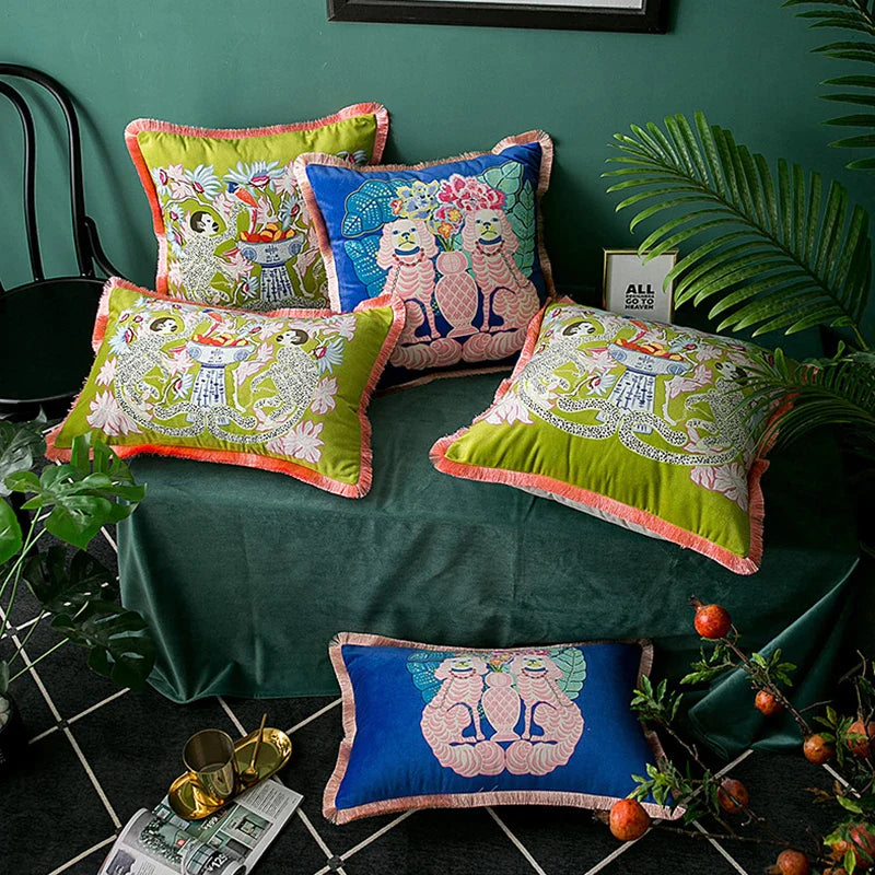Afralia™ Oriental Mystical Animals Print Velvet Cushion Cover with Tassels