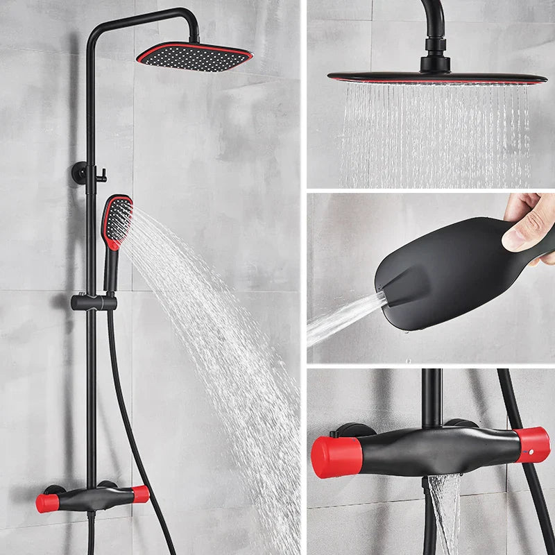 Afralia™ Matte Black Thermostatic Shower Faucet Red Black Dual Mode Hand Rainfall Mixer