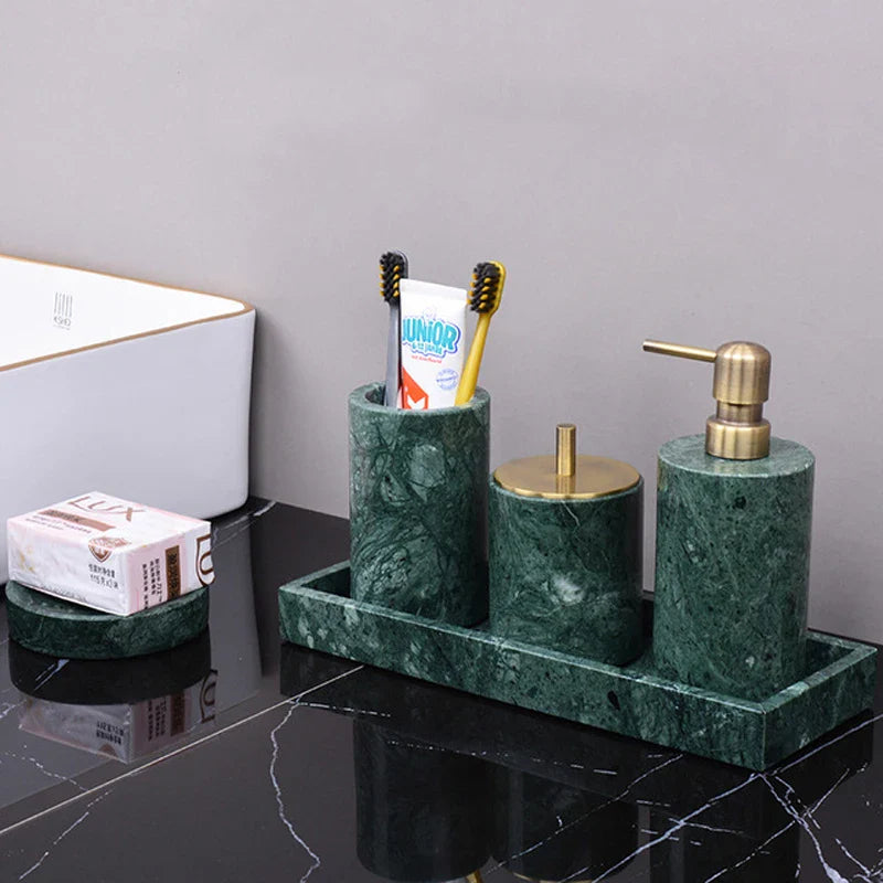 Afralia™ Dark Green Marble Bathroom Set - Nordic Light Luxury Tray Toothbrush Holder Soap Dispenser Kit