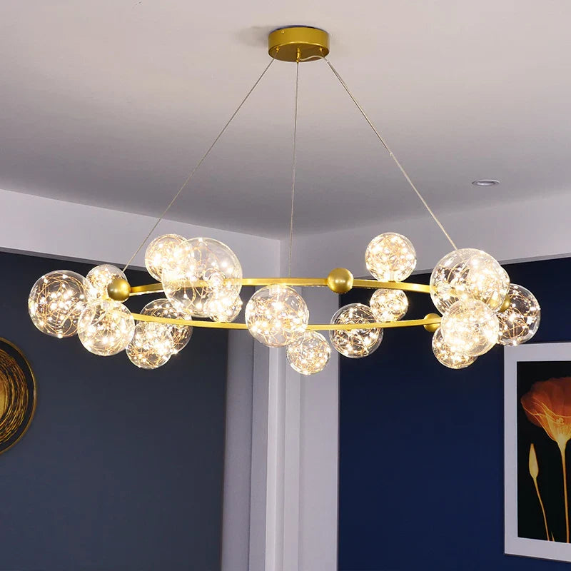 Afralia™ Golden Ring Glass Ball Chandelier with Remote Control for Living Dining Room