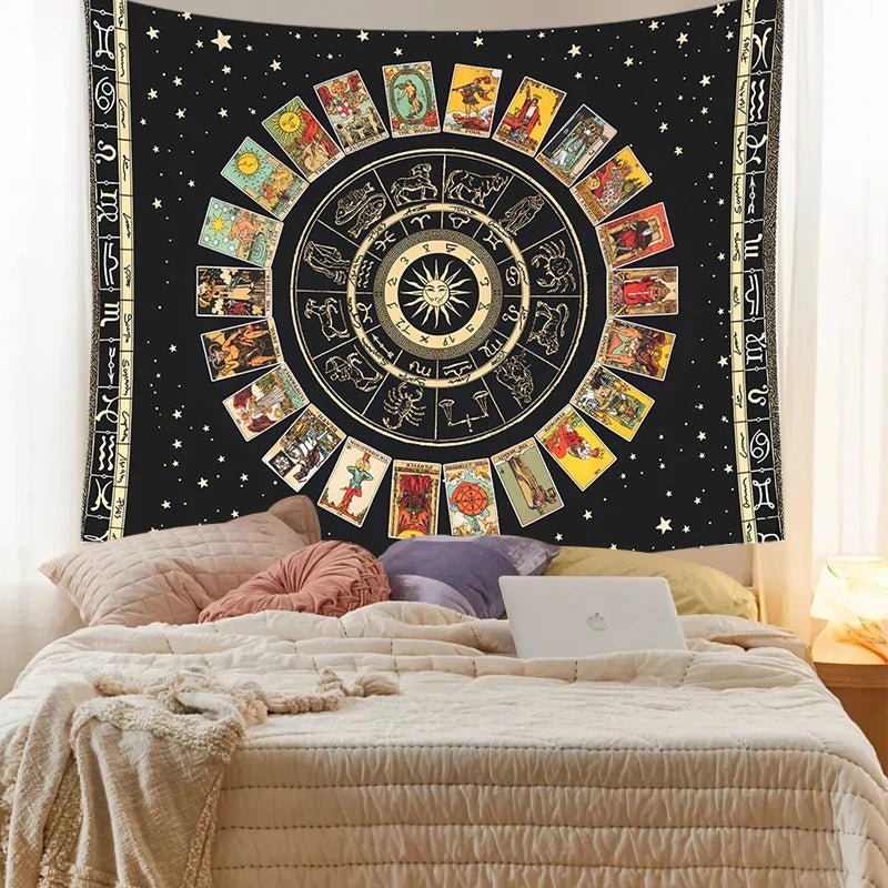 Afralia™ Tarot Card Tapestry: Zodiac Wheel & Major Arcana Sun Moon Wall Hanging