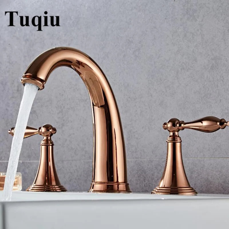 Afralia™ Rose Gold Basin Faucet Luxury Brass Widespread Mixer Hot Cold Tap