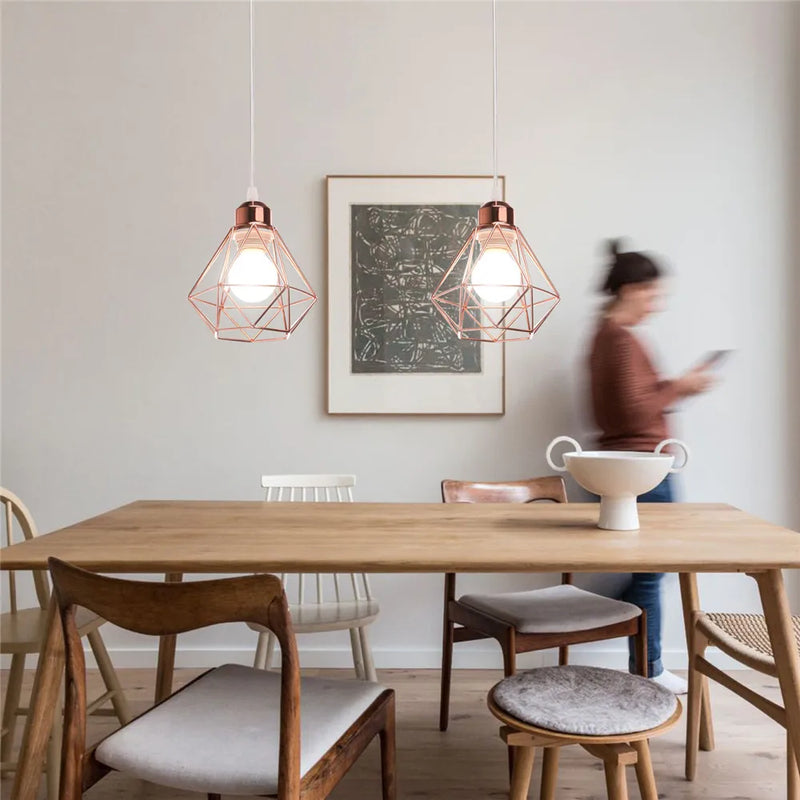 Afralia™ Rose Gold Iron Cage Pendant Light: Modern Hanging Lamp for Kitchen and Living Room