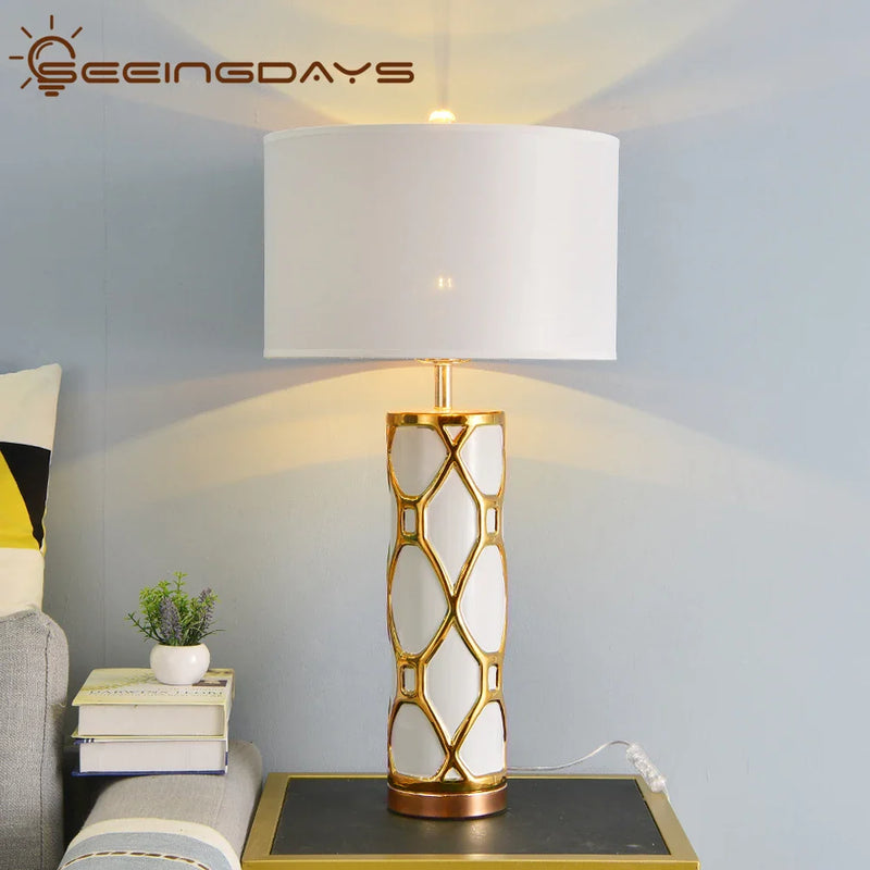 Afralia™ White Ceramic Table Lamp with Golden Edge - Large, Luxurious for Bedroom, Living Room, Study