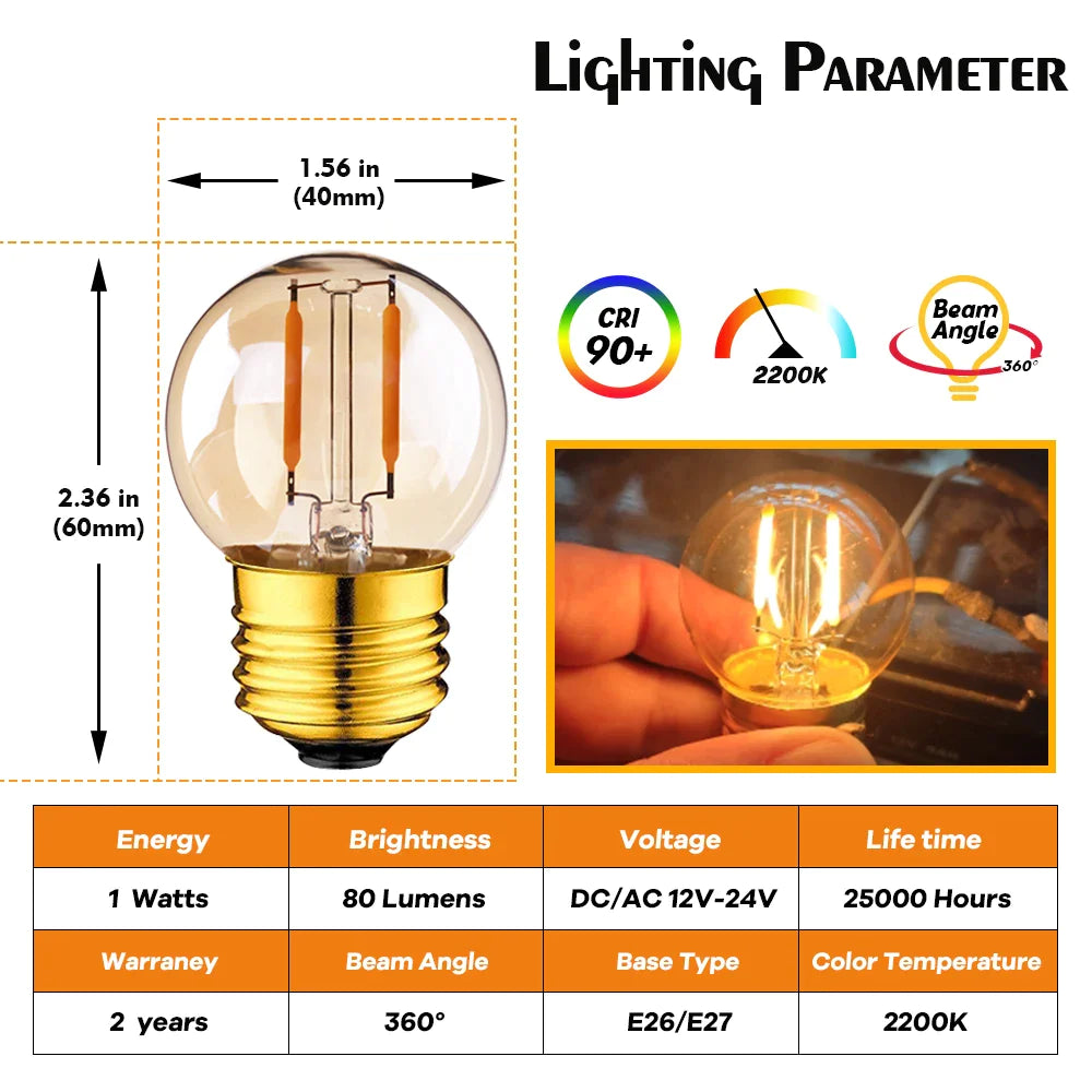 Afralia™ Amber Glass Vintage LED Bulb G40 1W E27 Base Warm White 2200K