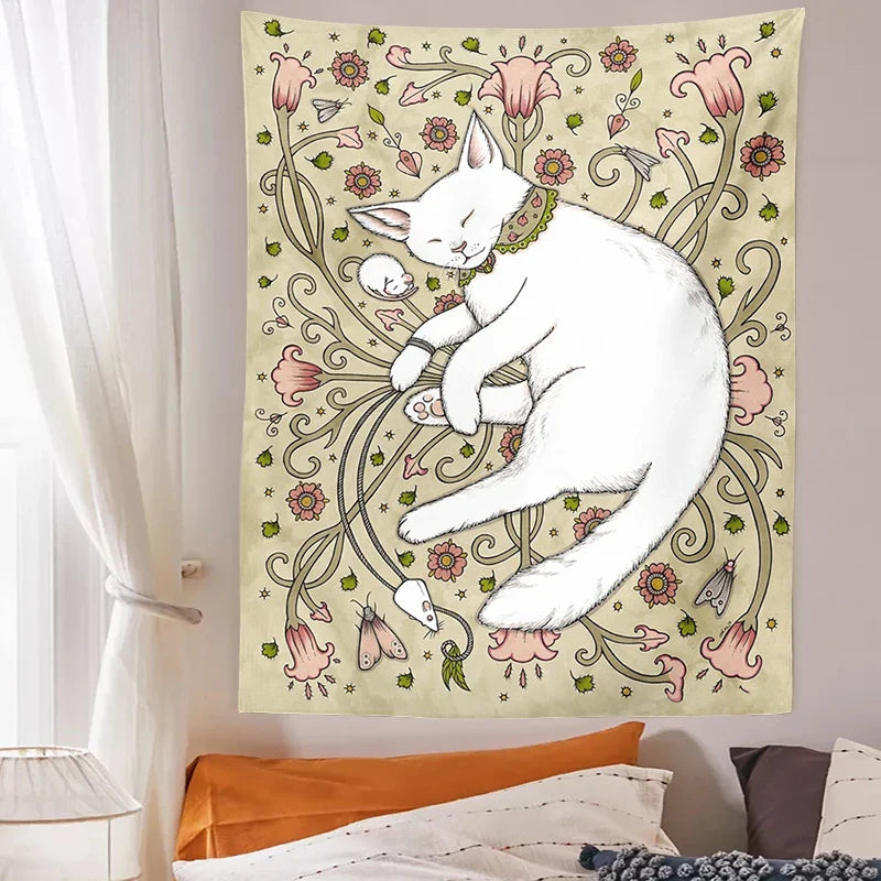 Afralia™ Cute Cat Botanical Flower Ins Style Cartoon Wall Art Tapestries for Home Decor