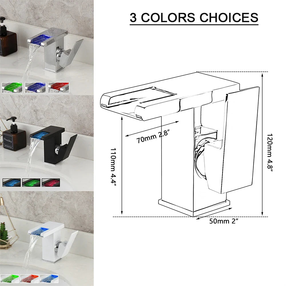 Afralia™ LED Waterfall Basin Faucet White & Black Mixer Tap Deck Mount Solid Brass