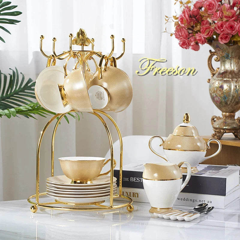 Afralia™ Luxury Gold Bone China Coffee Tea Set Porcelain Drinkware Cup Pot Teapot Creamer