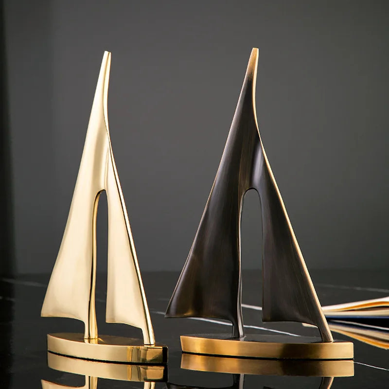 Afralia™ Copper Golden Sailboat Sculpture - Abstract Geometric Metal Home Decor