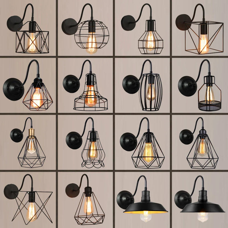 Afralia™ Black Cage Guard Wall Sconce LED Lamp Indoor Retro Lighting Fixture