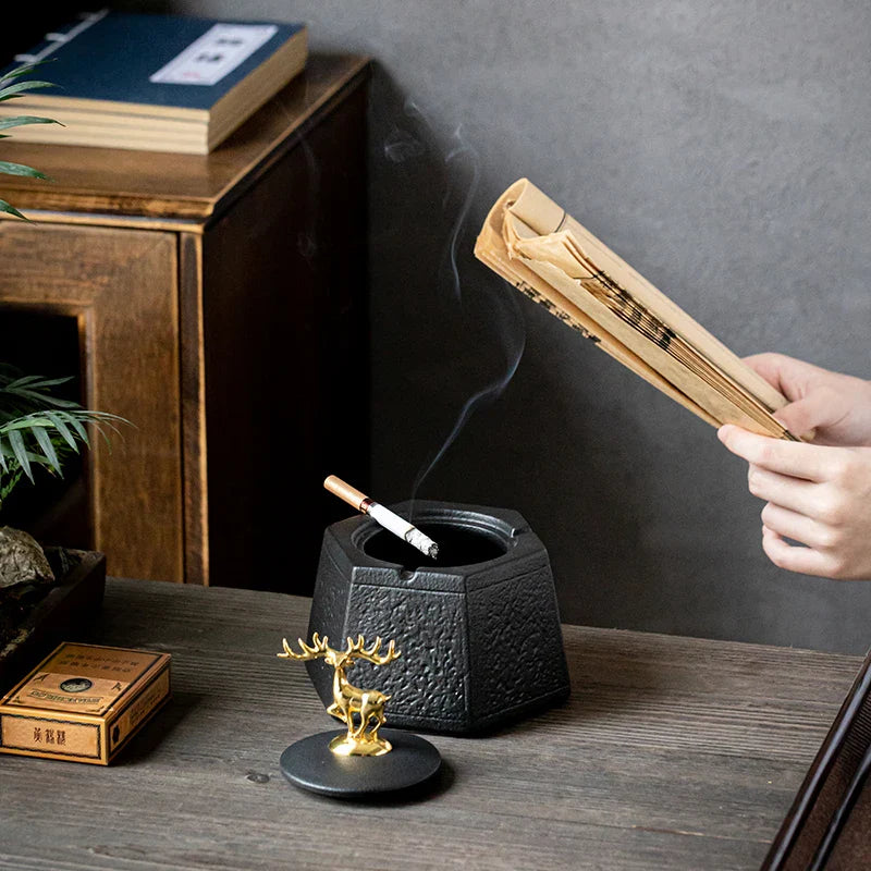 Afralia™ Black Pottery Ashtray with Cover: Stylish, Large Capacity Ceramic Ashtray