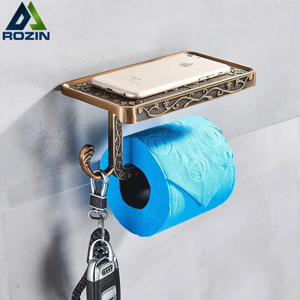 Afralia™ Zinc Alloy Toilet Paper Holder with Phone Shelf and Towel Rack