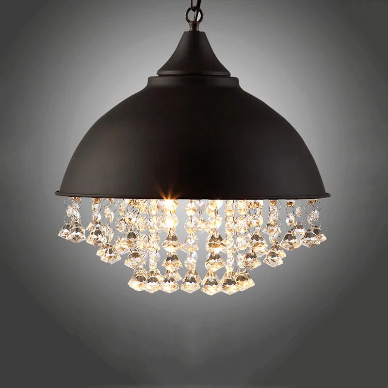 Afralia™ Industrial Black Iron Crystal Chandelier Vintage Pendant Ceiling Fixture for Restaurant, Cafe, Kitchen