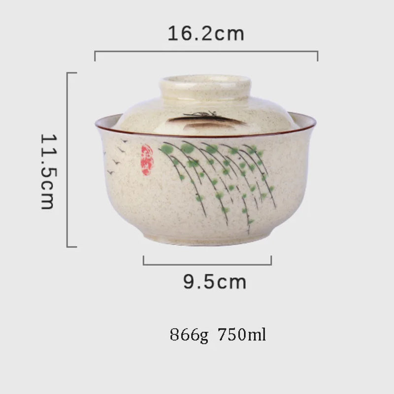 Afralia™ Retro Ceramic Ramen Bowl with Lid - Large Capacity Noodle Soup Salad Bowl