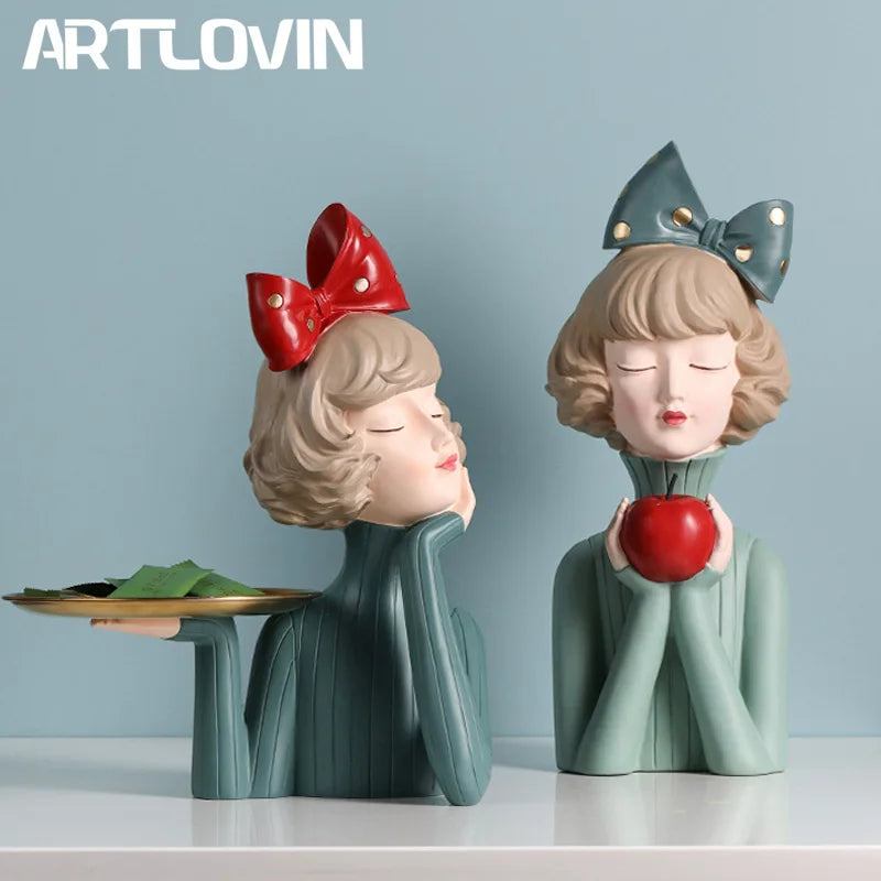Afralia™ Turquoise Bowknot Girl Resin Figurine - Elegant TV & Wine Cabinet Statue