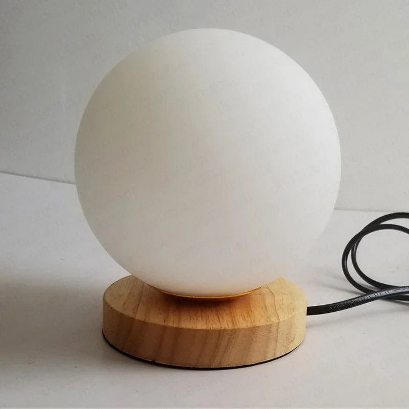 Afralia™ Glass Ball LED Table Lamp Wooden Round Desk Night Light