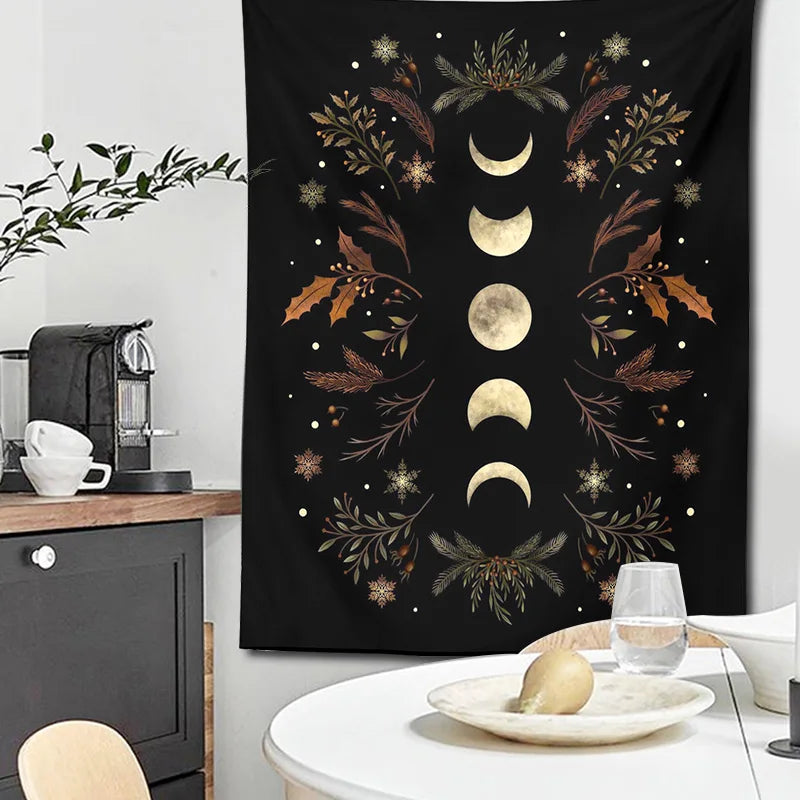 Afralia™ Moon Phase Boho Wall Tapestry: Black Psychedelic Carpet for Home Decor