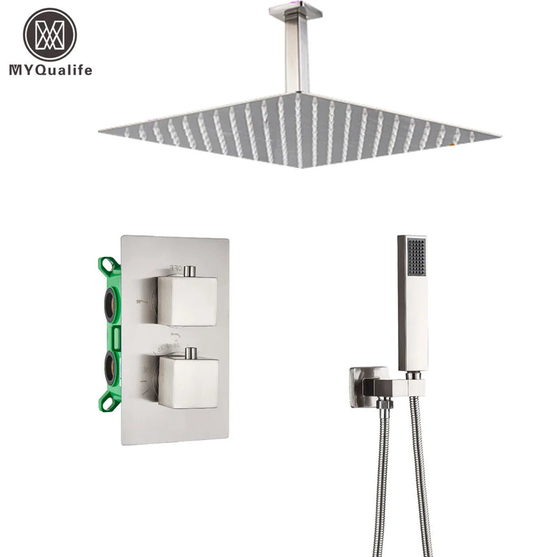 Afralia™ Square Rainfall Shower Faucet Set, Dual Handle, Ceiling Mounted, Gold Finish