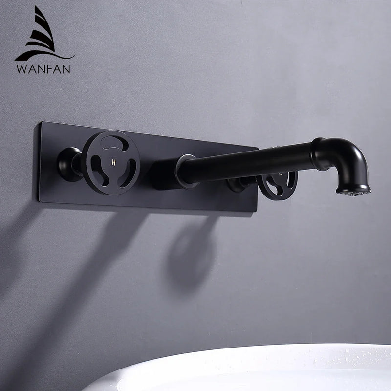 Afralia™ Black Wall Mounted Dual Handle Basin Faucet Industrial Style Mixer Tap