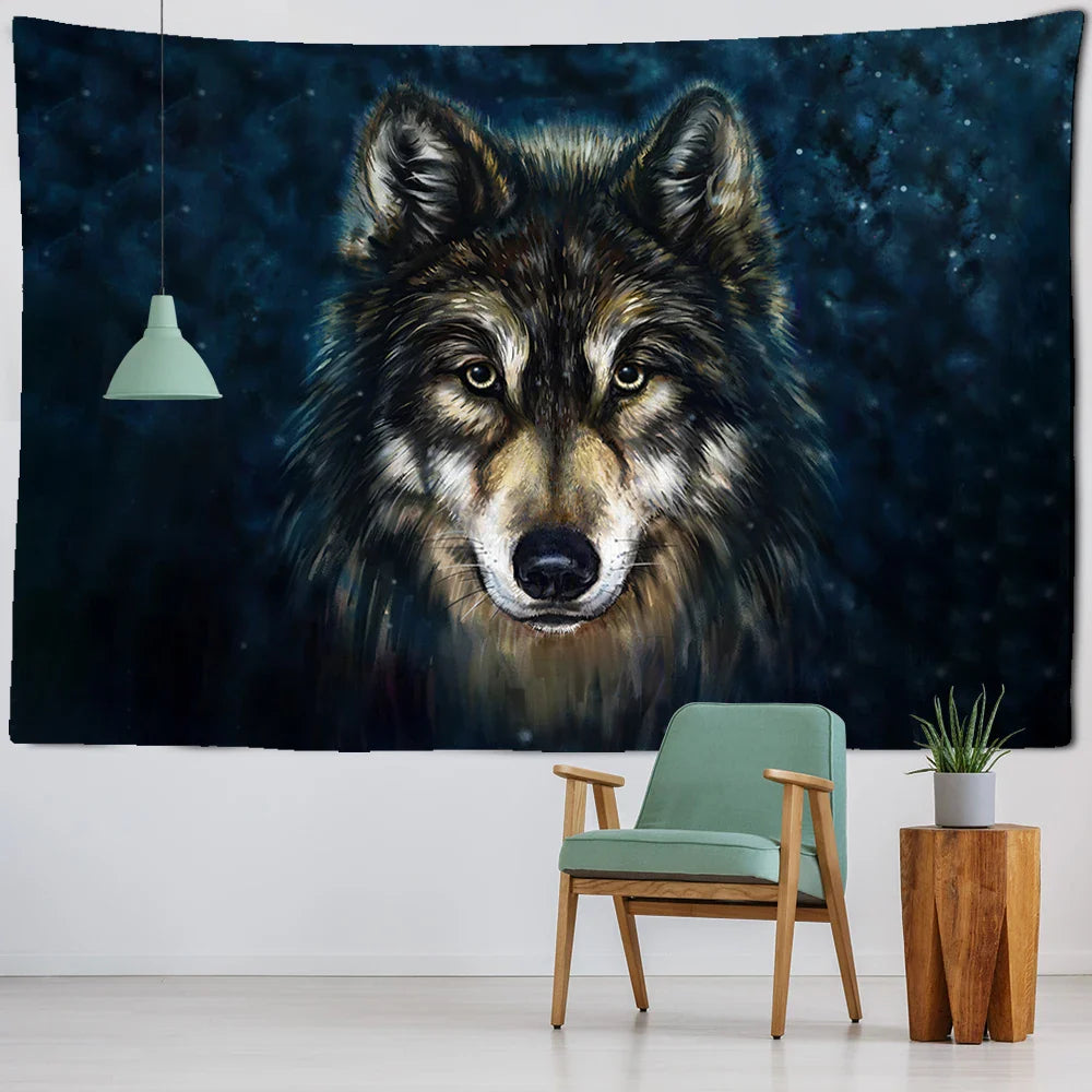 Afralia™ Wolf's Gaze Tribal Animals Tapestry Wall Hanging for Home Decor