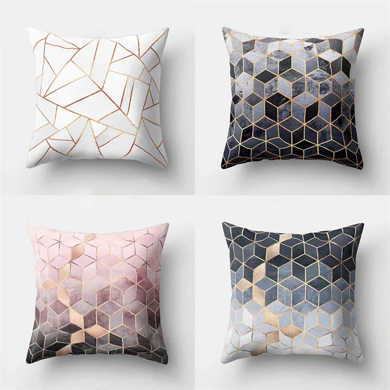Pink Geometric Marble Pillowcase with Golden Line. Afralia™ Modern Home Decor.