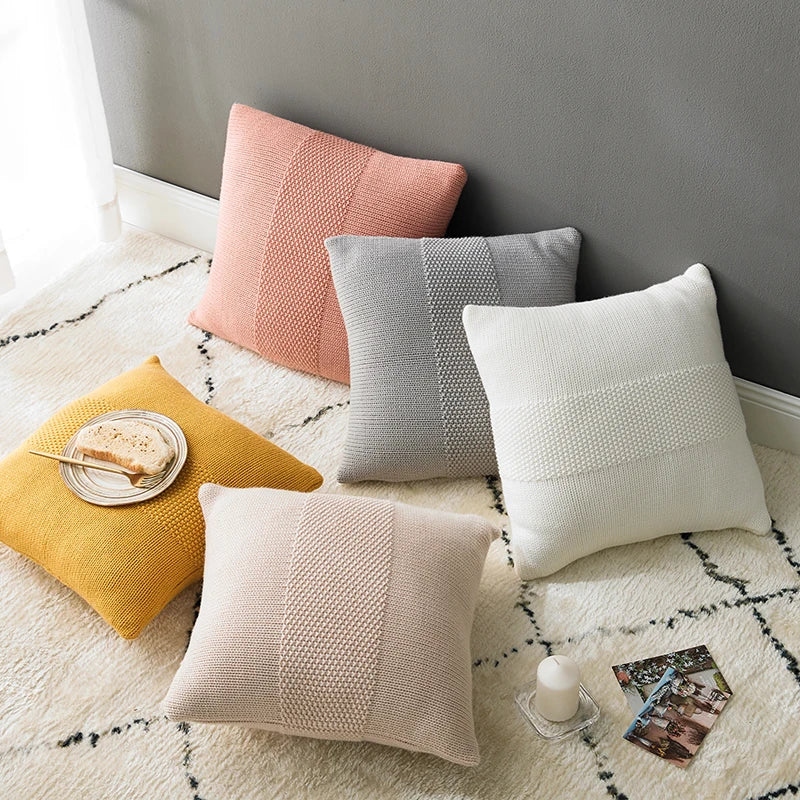 Afralia™ Knit Cushion Cover 45x45cm Solid Cotton Pillow Pink Ivory Grey Cream