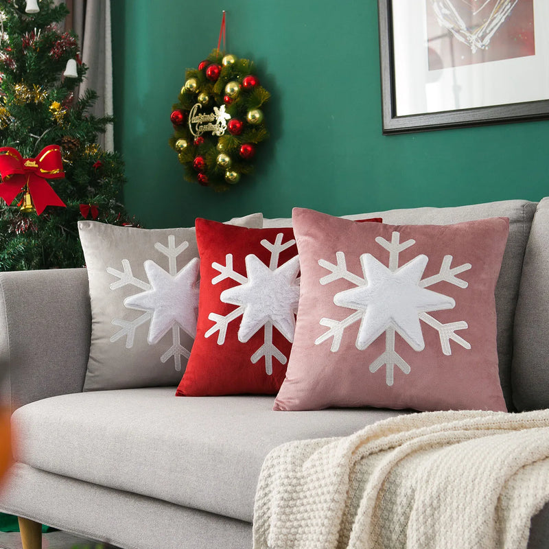 Afralia™ Snowflake Velvet Embroidery Pillow Cover 45x45cm - Red Pink Grey Square