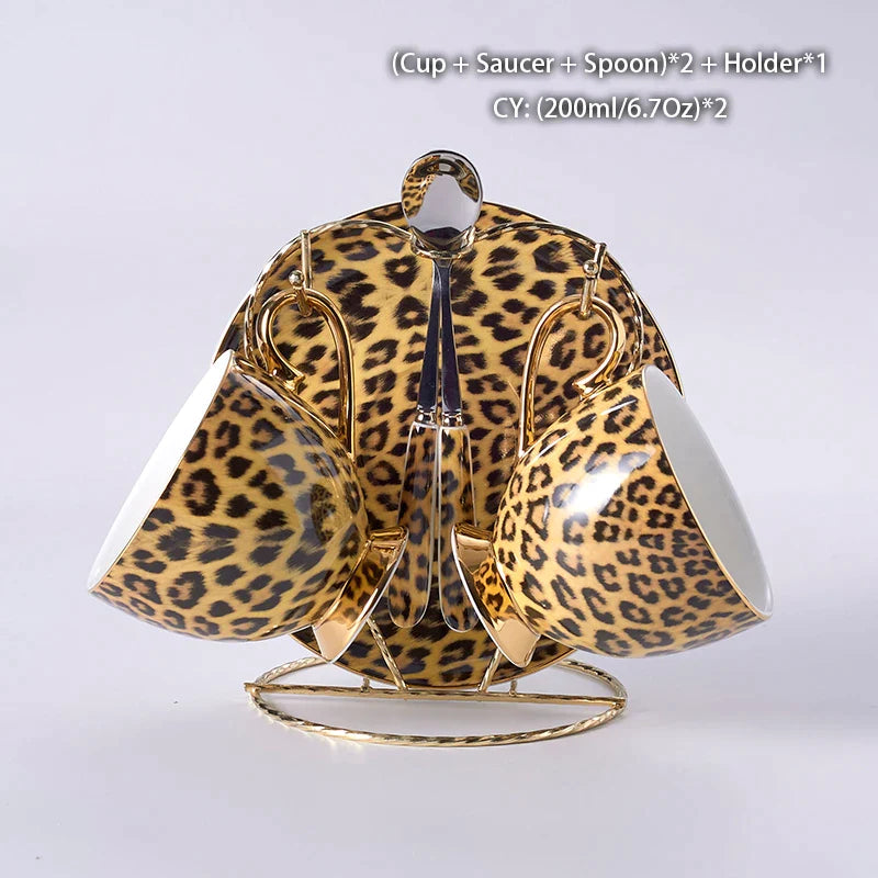 Afralia™ Leopard Print Bone China Coffee Set Tea Pot Cup Luxury Porcel