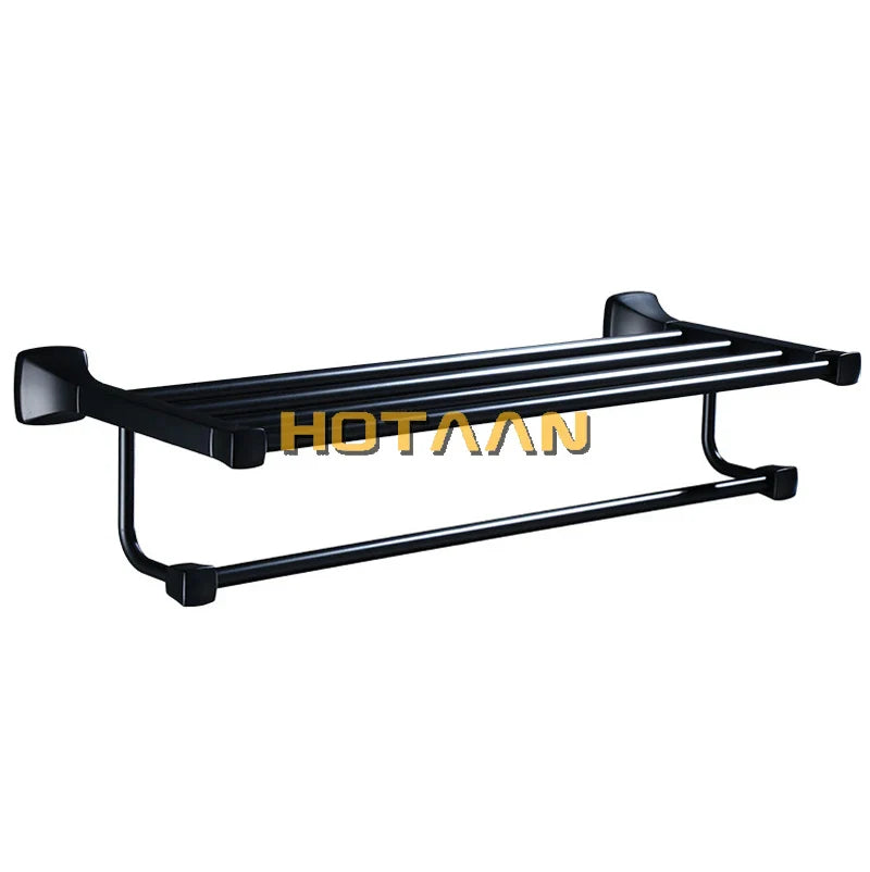 Afralia™ Black Aluminum Towel Rack with Hook, Wall-mounted Bathroom Towel Holder and Shelf