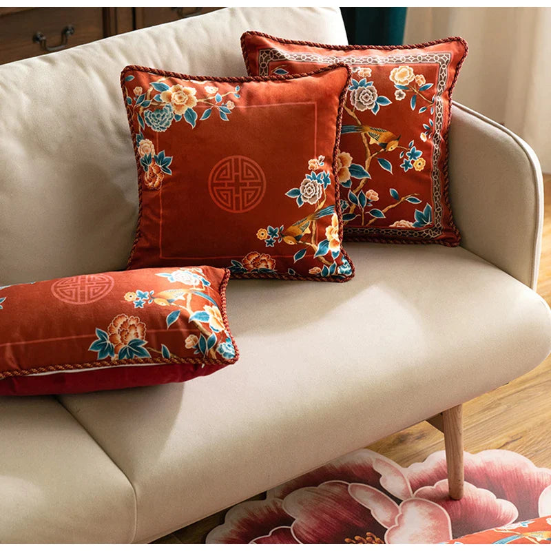 Afralia™ Festive Chinese Style Red Velvet Lumbar Pillow Covers for Home Sofa Décor