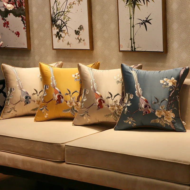 Afralia™ Silky Oriental Floral Bird Embroidery Cushion Cover for Sofa and Bedroom