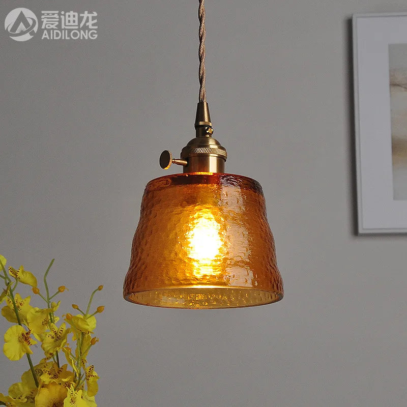 Afralia™ Green Glass LED Pendant Light - Japanese Style Nordic Copper Hanging Lamp