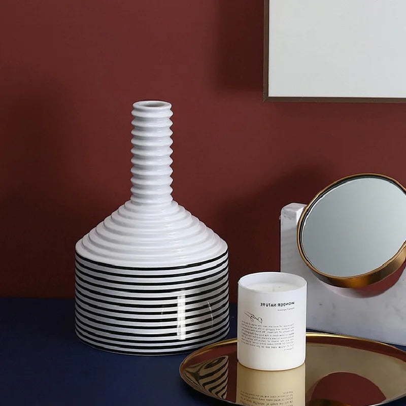 Afralia™ Modern Black White Striped Ceramic Vase Geometric Art Deco Home Decor