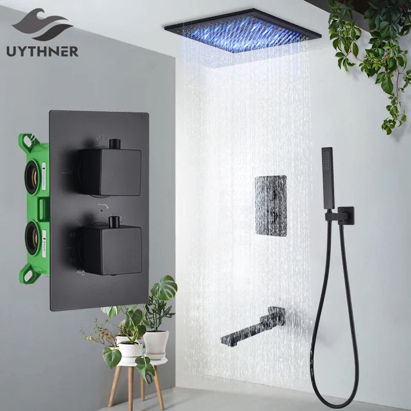 Afralia™ Matte Black Thermostatic Shower Set Rainfall Shower Head Ceiling Wall Mount