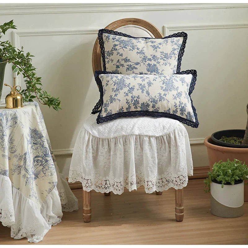 Afralia™ Toile De Jouy French Fashion Linen Pillow Case with Lace Franges